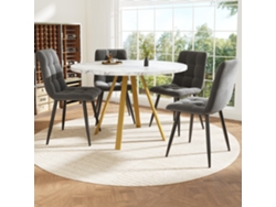 Conjunto Mesa Y Sillas 5 Piezas 80x80x75 Cm - Mesa Redonda Con 4 Sillas De Terciopelo - Blanco Y Dorado