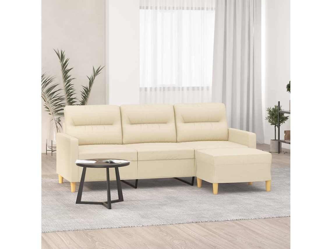 Sofá De 3 Plazas Con Taburete De Tela Crema 180 Cm