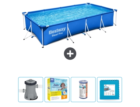 Piscina BESTWAY Rectangular Steel Pro - 400 x 211 x 81 cm - Azul - Bomba incluida Paquete de mantenimiento - Filtrar - Baldosas