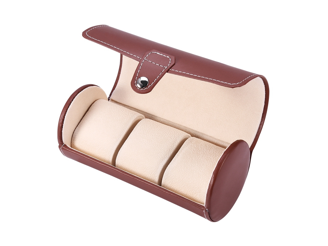 Estuche Enrollable De Viaje De 3 Compartimentos De Piel Sintética Marrón Para Guardar Relojes.