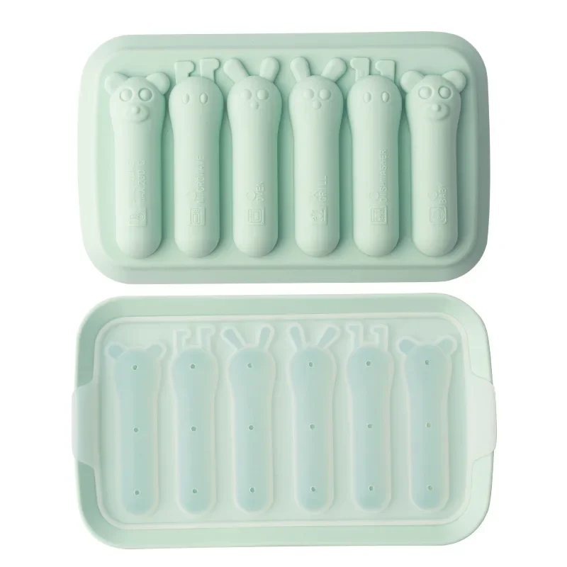 Molde de silicona verde para salchichas con 6 compartimentos, ideal para uso doméstico. MDUG