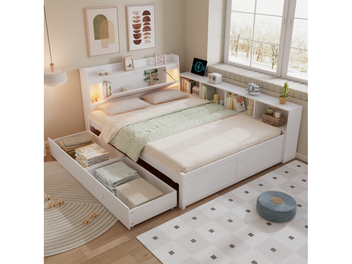 Cama Blanca Con Cabecero, Espacio De Almacenamiento, Toma De Corriente, Armarios Y Cajones.