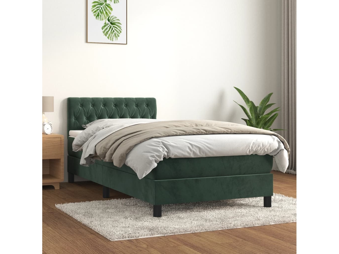 Cama Box Spring Con Colchón Terciopelo Verde Oscuro 100x200 Cm