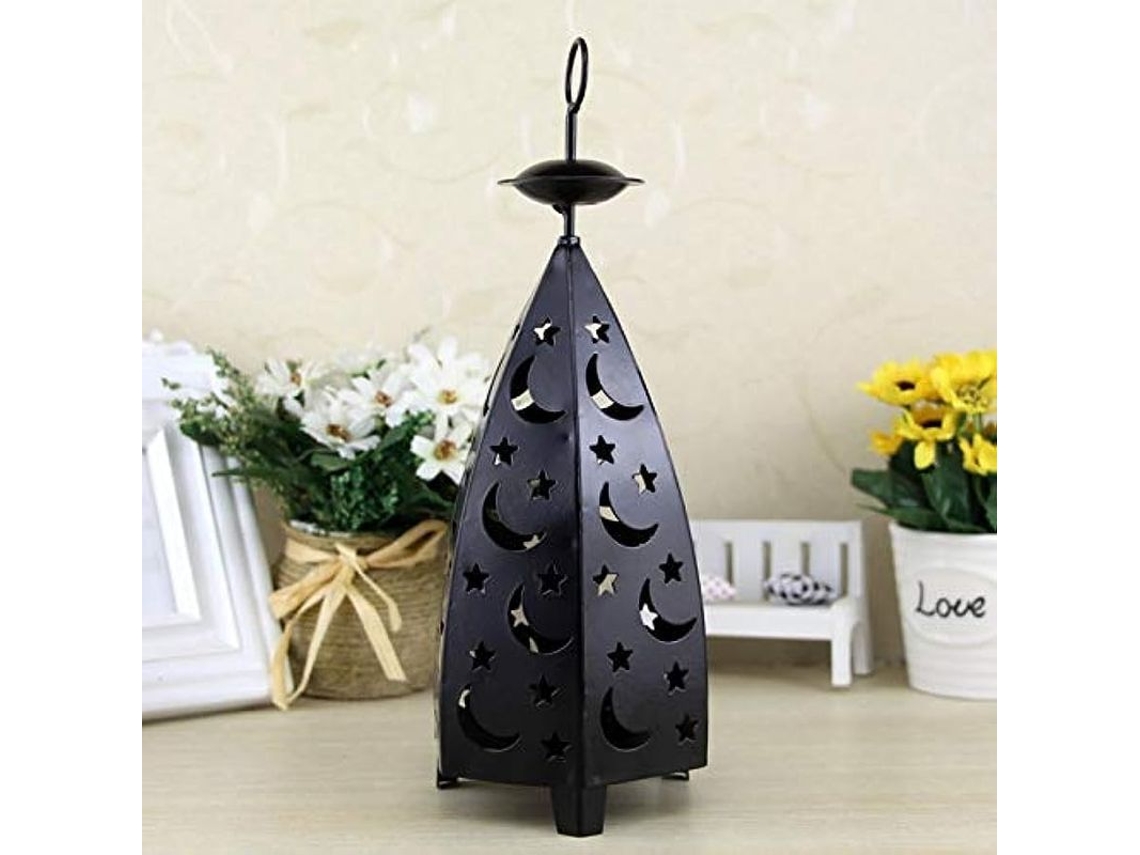 Portavelas De Hierro, Farol Decorativo Con Agujeros En Forma De Luna Y Estrella (negro)