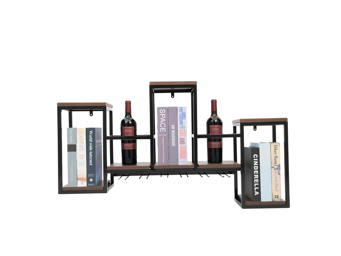 Botellero de pared, madera maciza natural con acabado en hierro forjado, dimensiones 106*20*41,5 cm, altura total 59,5 cm, capacidad de carga 30 kg.
