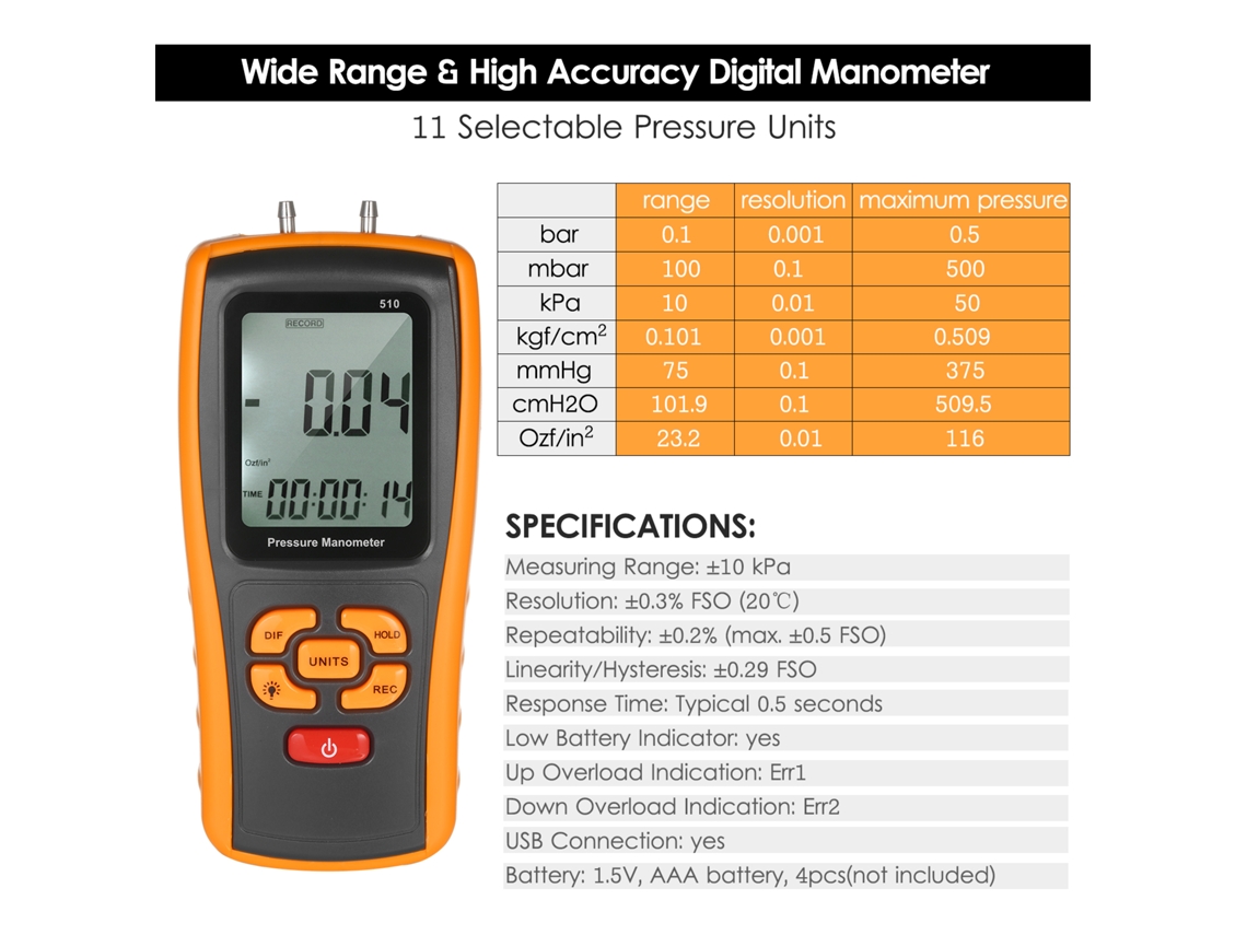 Manómetro digital preciso de ±10 kPa para HVAC y presión