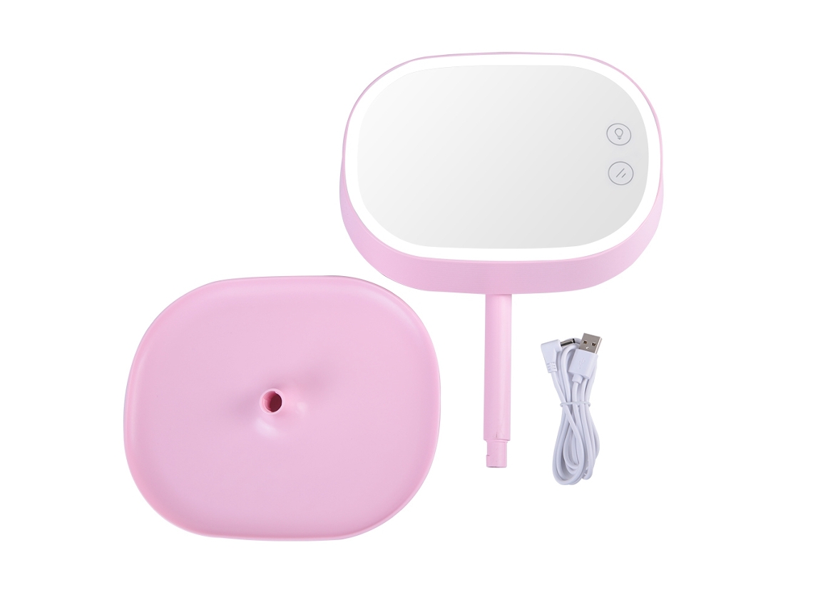 Espelho de maquiagem LED 2 em 1 2026 com luz de preenchimento ajustável e luminária de mesa recarregável, rosa.
