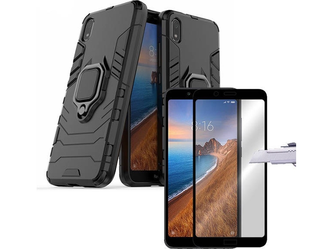 Kit Carcasa y Protector de Cristal 5D Xiaomi Redmi 7A Military Defender Negro