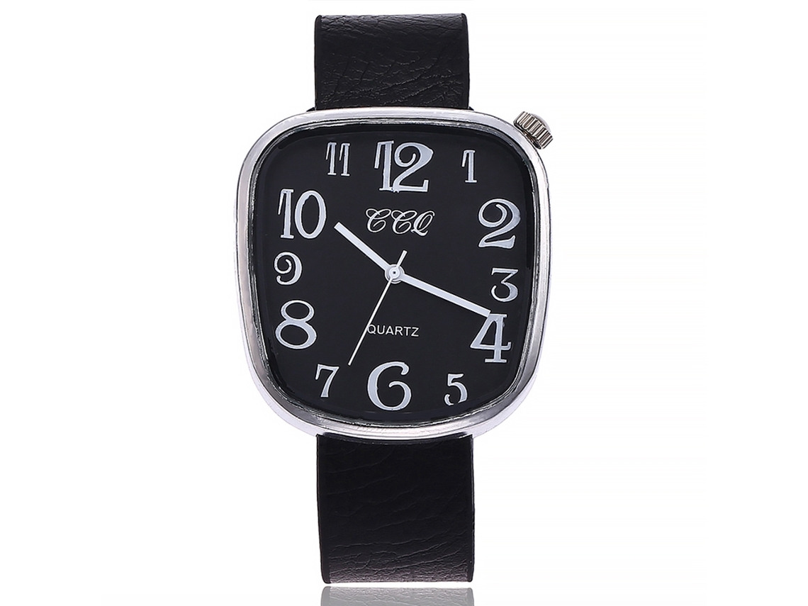 Reloj De Cuarzo Para Parejas Con Correa De Cuero Pu Dial Cuadrado Numerales Grandes Negro