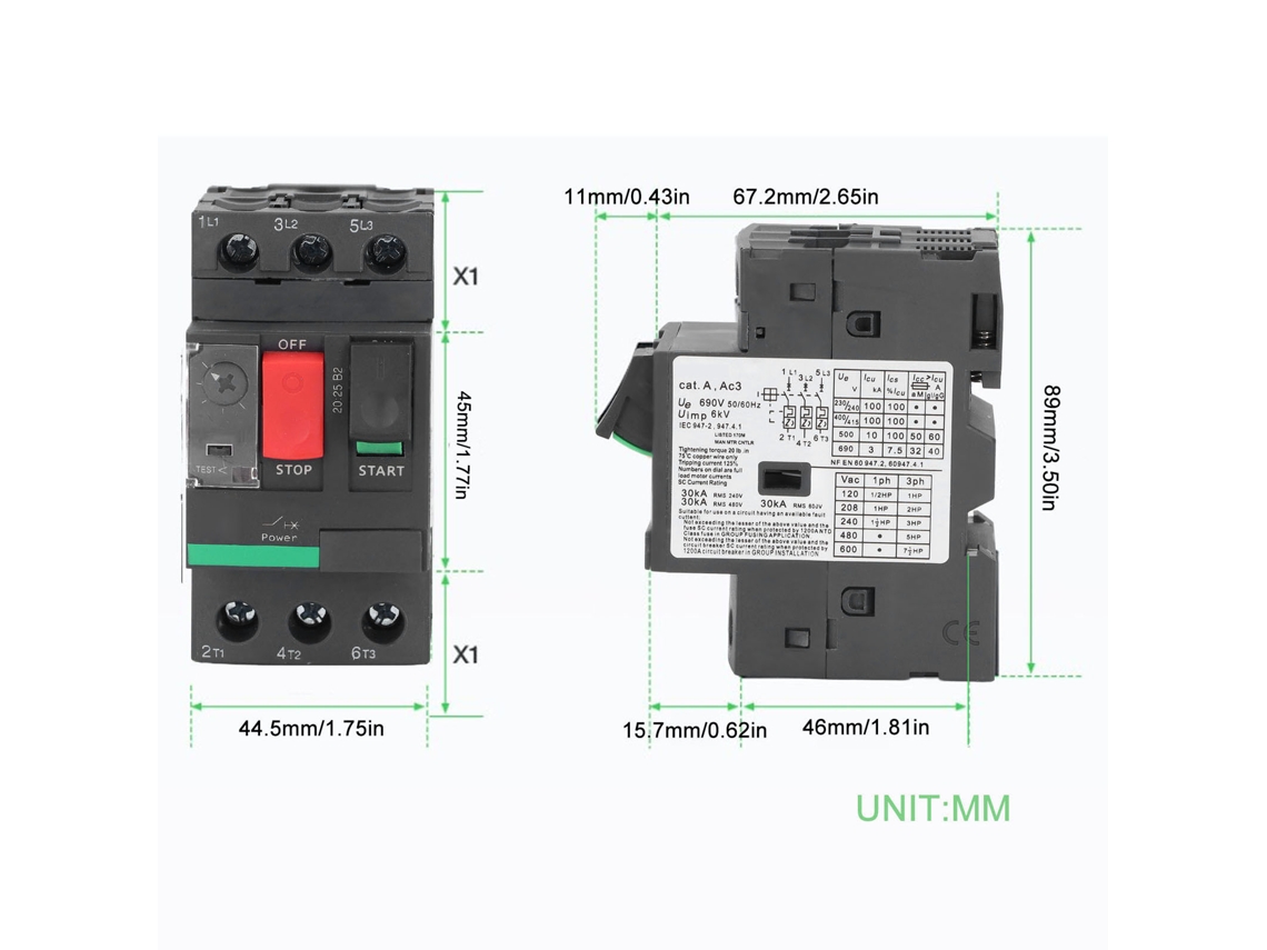 Omni-interruptor De Protección De Motor 3p 1.6‑2.5a Ac690v Botón De Empuje Conexión Por Tornillo