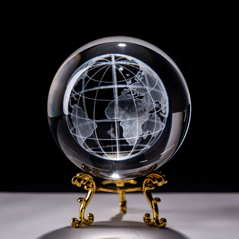 (base Dorada De 60 Mm) Bola De Cristal De 6 Cm, Globo Terráqueo Grabado Con Láser 3d, Esfera De Cristal, Modelo De Planeta