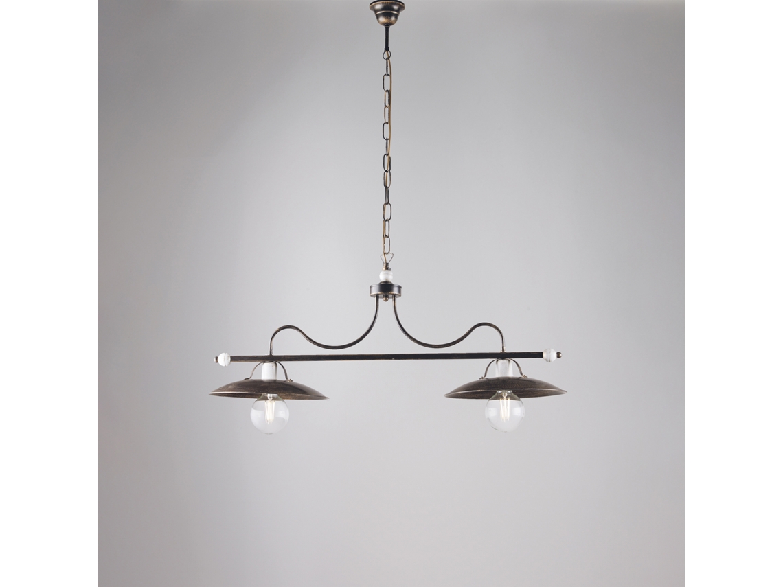 Lámpara de araña para bodega de vinos en hierro marrón con acabados decorativos en oro antiguo y blanco, 2 luces, L. 87 x 30, Bl234, 2 habitaciones, Belight