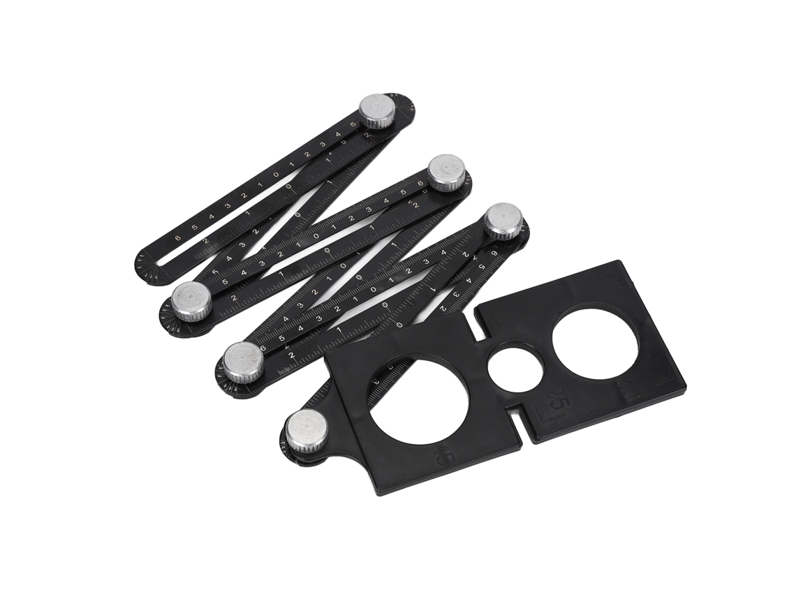 Regla plegable de aluminio de 6 secciones para medición multilateral y perforación de orificios en carpintería.