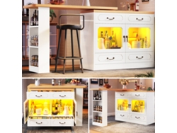 Encimera extensible con luces LED, isla de cocina alta blanca (135 x 203 x 39 x 92,8 cm)