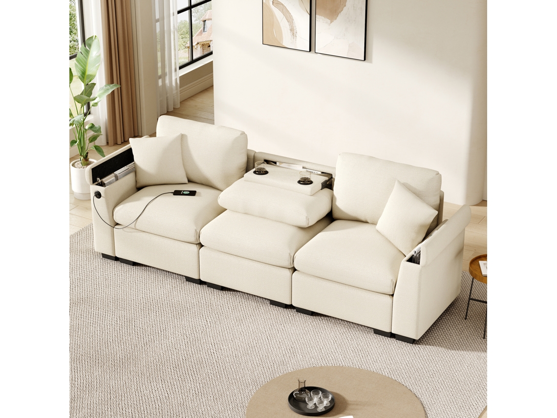 Sofá de chenilla de 3 plazas con cojines, mesa plegable, puerto USB, portavasos y espacio de almacenamiento - Muebles Beige
