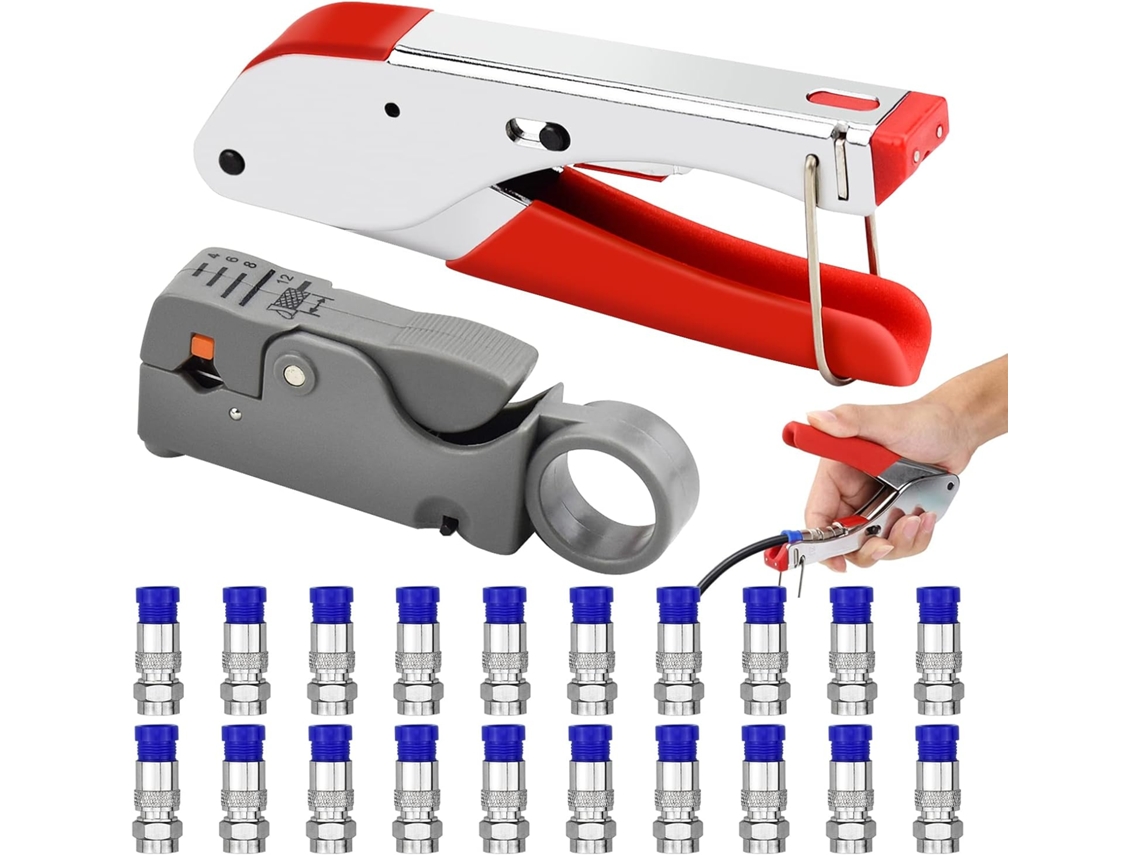 Kit de herramientas para cable coaxial, herramienta de crimpado, pelacables, 20 conectores hembra.