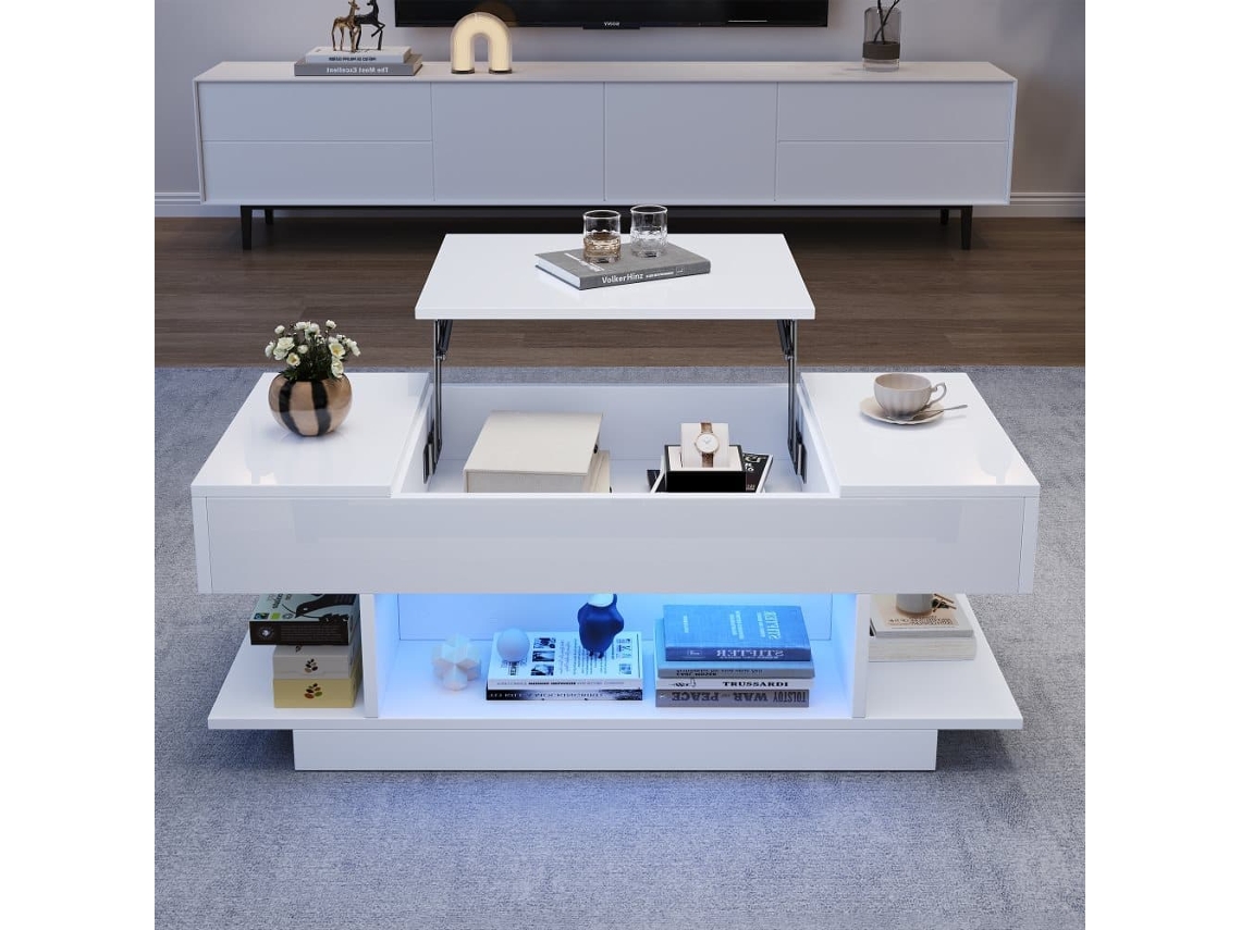 Mesa De Centro Elevable 98x45x40 Cm - Sofá Con Mesa Elevable, 2 Armarios Plegables, Led, Blanco