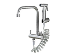 Grifo de cocina mural de acero inoxidable 304 con caño horizontal, rociador de bidé doble y control.