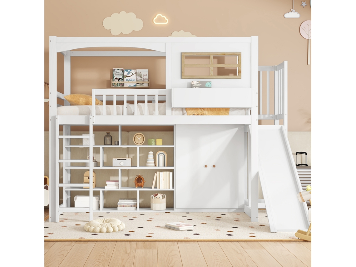 Cama alta de madera y MDF de 90x200 cm con estantes, armario y tobogán estilo blanco