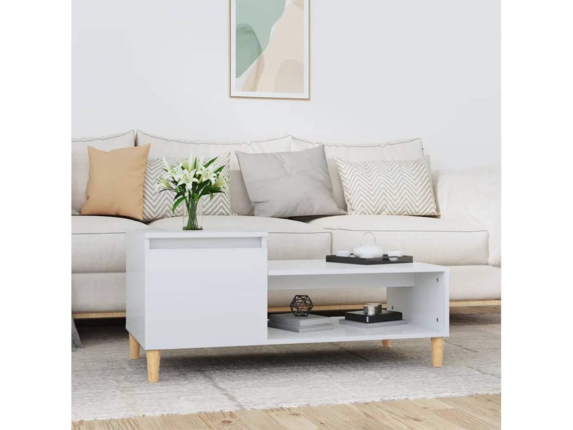 Mesa De Centro | Mesa De Café | Mesa De Salón Madera Contrachapada Blanco Brillo 100x50x45 Cm