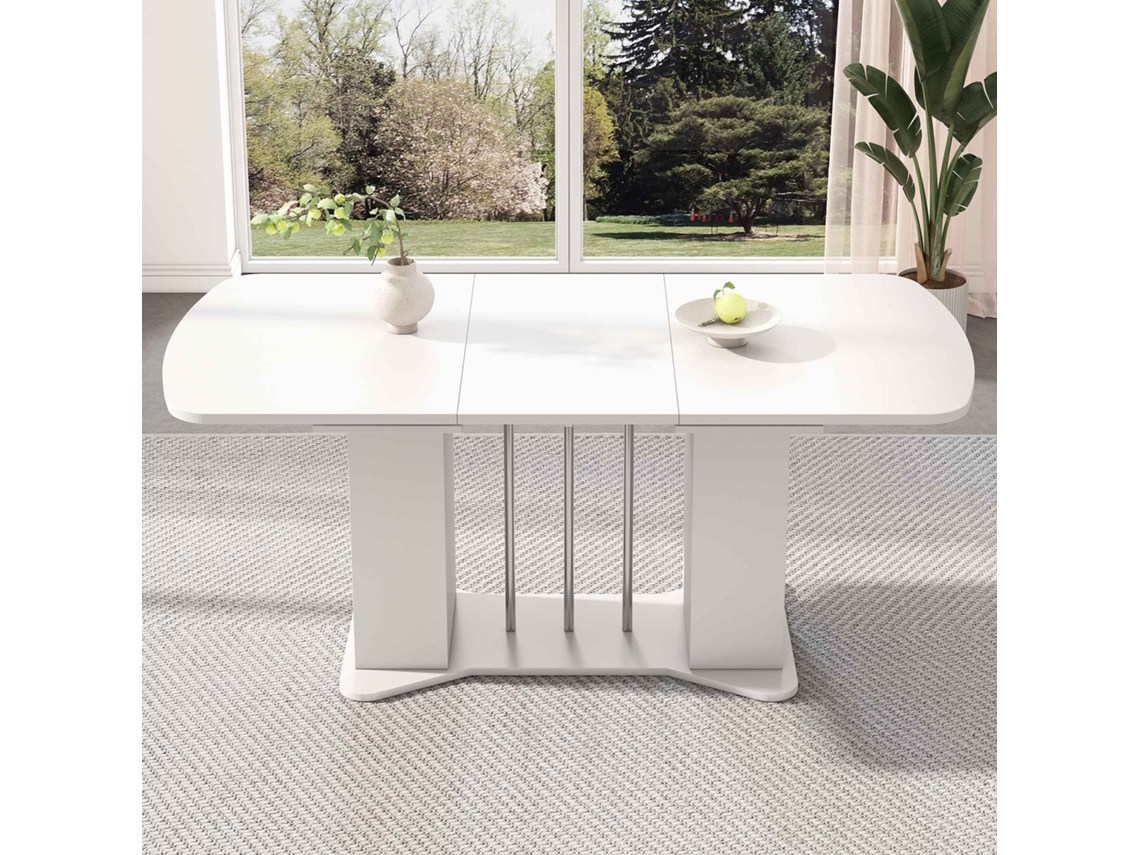 Mesa de comedor extensible moderna de 120/160 x 80 cm con espacio de almacenaje y patas metálicas plateadas en color blanco Mobrio.