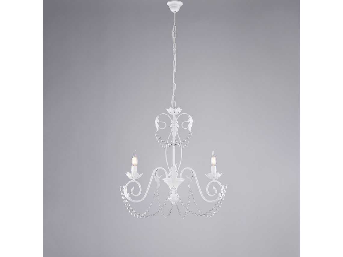 Lámpara de araña Damasco de hierro lacado en blanco con decoración. Efecto shabby chic y cristales de imitación. 3 luces. 120 Ø47 Bl77. 3 luces Bco Belight.