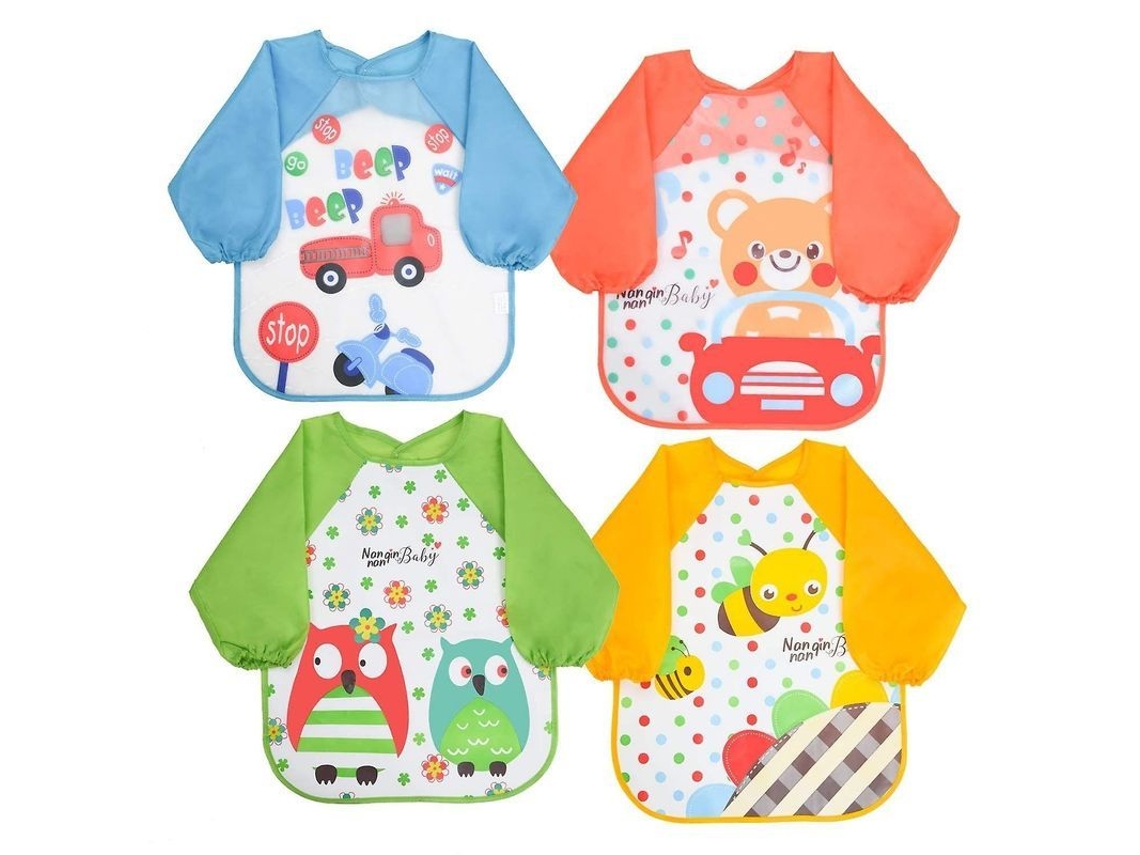 Babero De Manga Larga Para Bebé, Conjunto Impermeable De 4 Piezas, Diseños De Animales, Para Bebés De 6 A 36 Meses, Unisex.