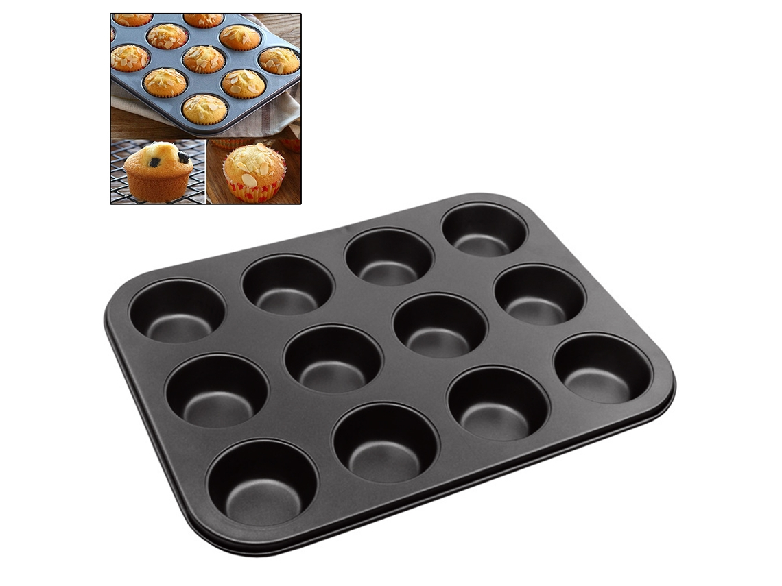 Molde Antiadherente Para Pasteles, De 12 Cavidades, Para Muffins Y Cupcakes, Fabricado En Acero Al Carbono Con Revestimiento De Teflón.