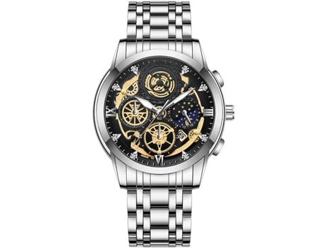 VEANXIN Hombres Relojes Huecos Diamante Luna Estrellas Reloj de Pulsera Impermeable-Plata