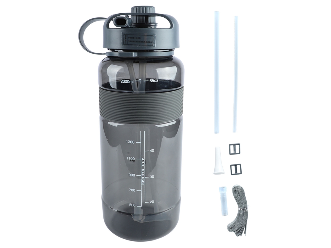 Botella de agua deportiva a prueba de fugas, 2000 ml, gris.