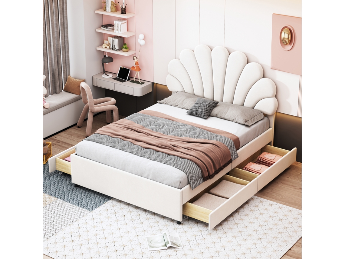 Cama Doble Tapizada De 140x200 Cm Con Cabecero Floral Y Cama Con Almacenamiento De Terciopelo Beige.