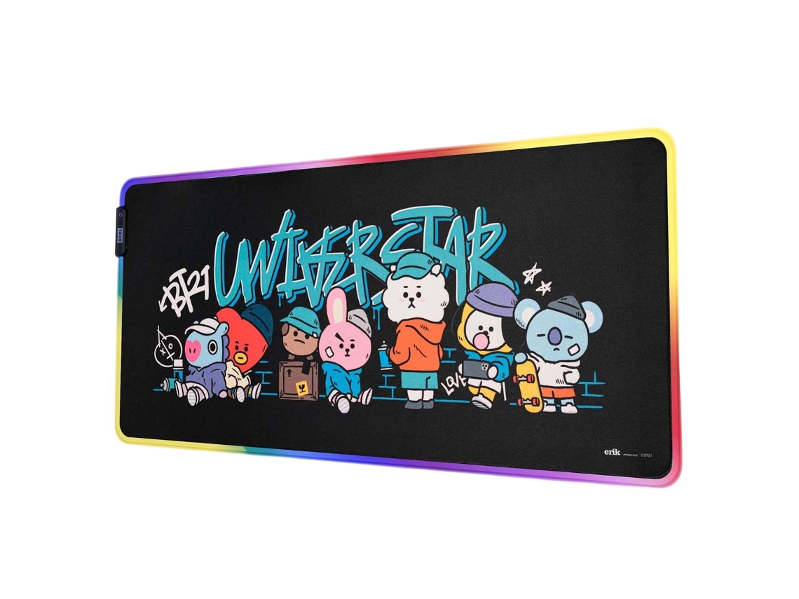 Alfombrilla de escritorio gaming Line Friends BT21 para teclado y ratón, tamaño XXL (90x40cm), con iluminación LED roja.