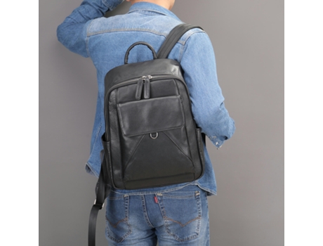 Mochila de cuero genuino Bolsa para computadora portátil vintage Mochila informal resistente al agua para hombres-9157 negro
