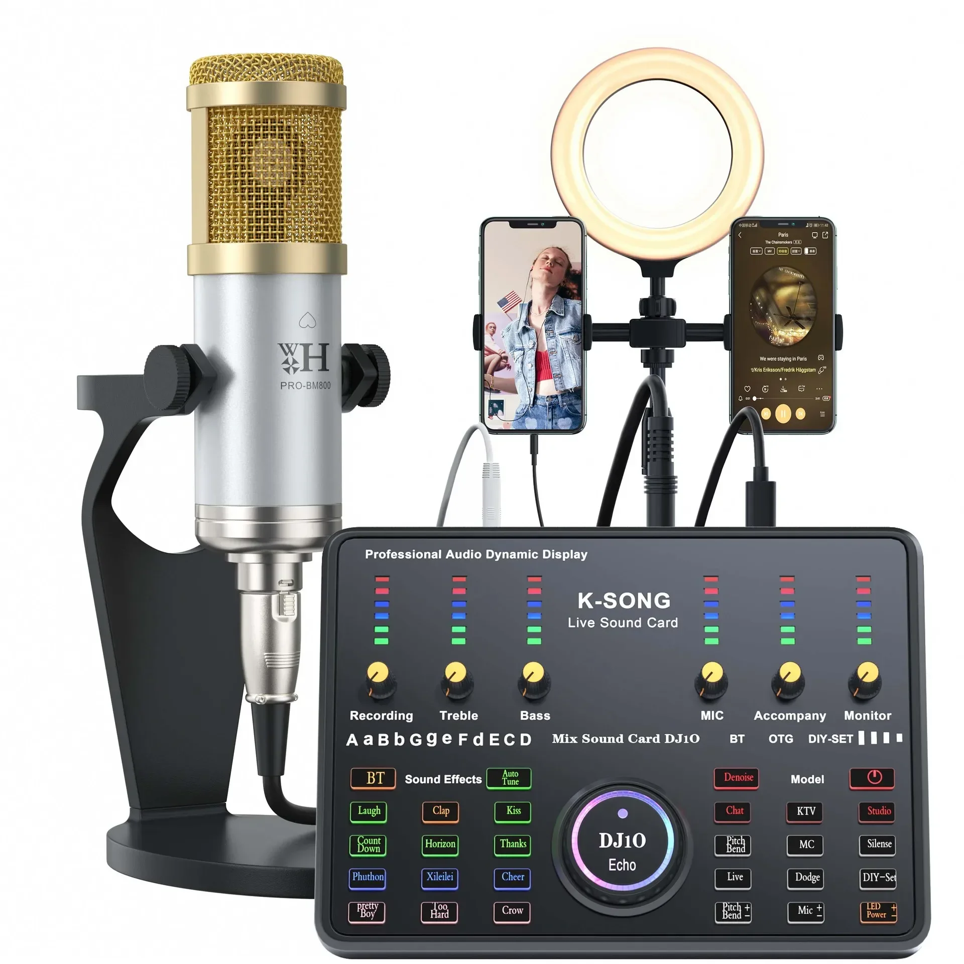 Kit De Tarjeta De Sonido (cuadrado Plateado Y Dorado) Micrófono De Condensador De Estudio