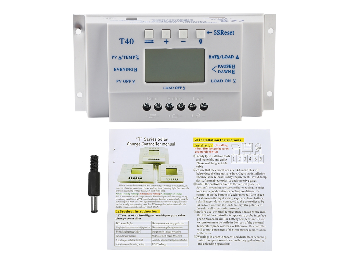 Regulador de carga solar MPPT de 12V 24V 40A con pantalla LCD para sistemas de alumbrado público (sin marca)