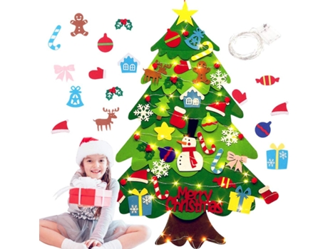 Árbol de Navidad de fieltro DIY con 30 adornos navideños para árboles y colgante de pared con cuerda de luz