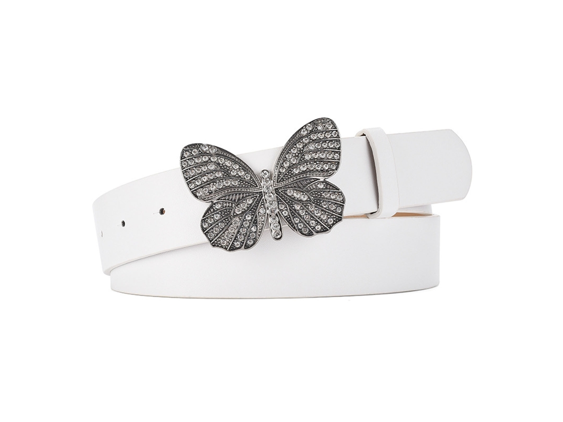 Cinturón De Mujer Con Mariposa Y Hebilla De Pedrería, Piel Sintética, Ajustable, 108 Cm, Blanco.