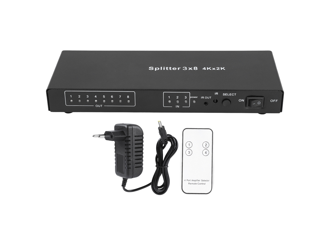 Conmutador HDMI (3 entradas, 8 salidas 4K con control remoto)
