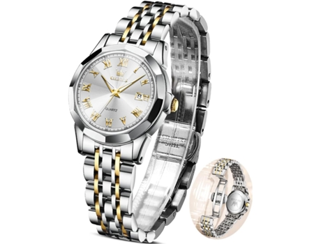 VEANXIN Reloj de cuarzo con fecha y acero inoxidable resistente al agua con esfera pequeña para mujer(Oro Blanco)