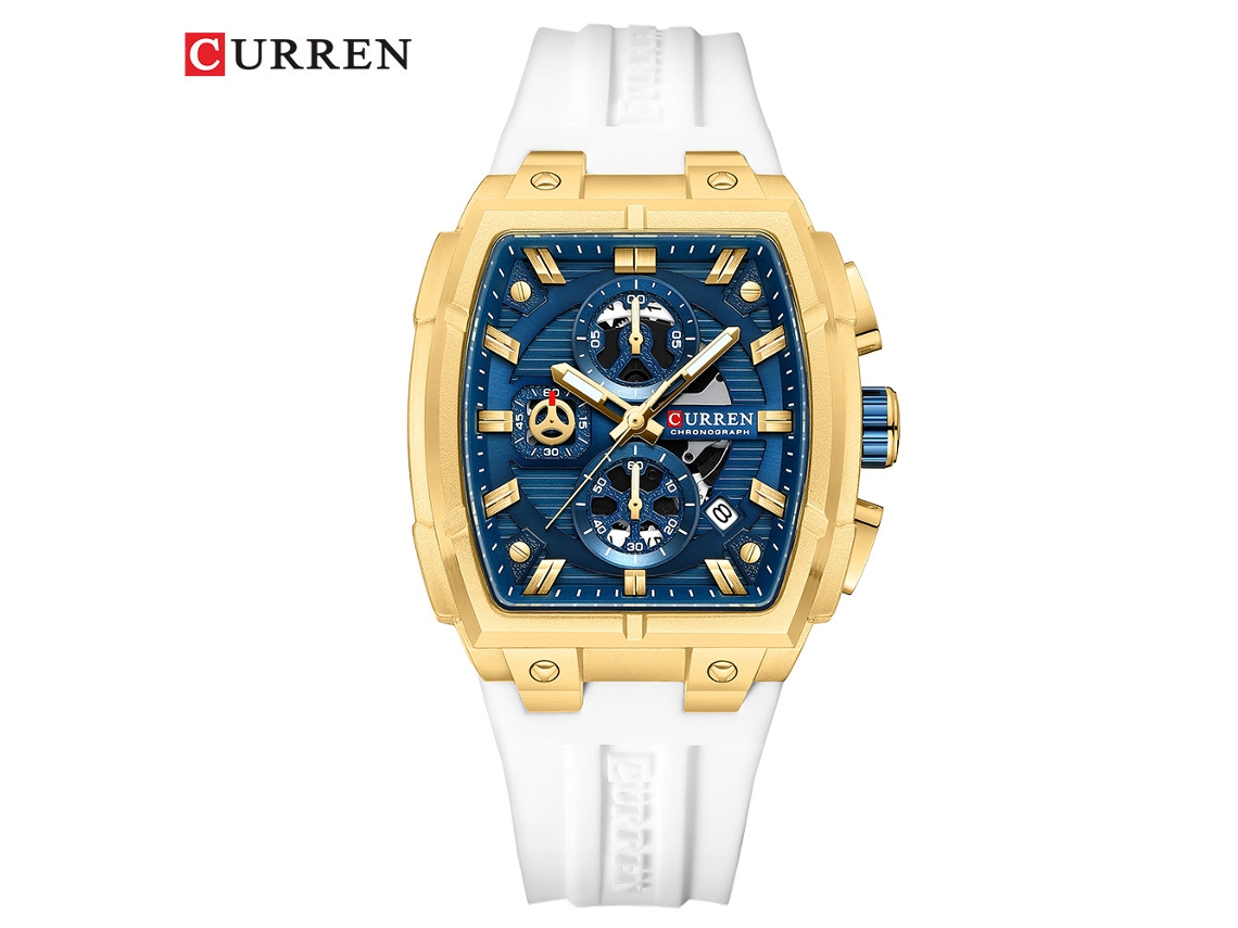 Reloj Cronógrafo De Seis Agujas Estilo Tonel, Elegante Y Multifuncional (correa Blanca, Caja Dorada, Esfera Azul).