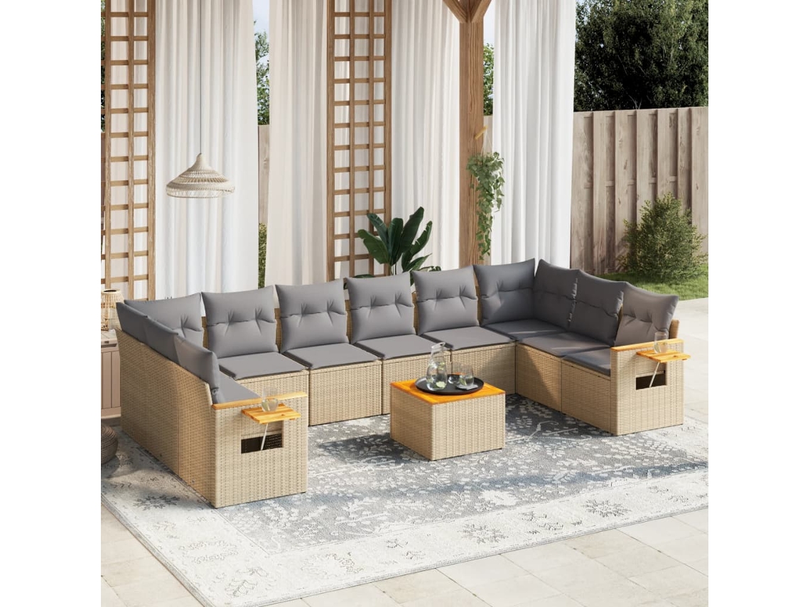 Conjunto de sofá de jardín de 11 piezas con cojines, mimbre sintético beige, DKD Home Decor