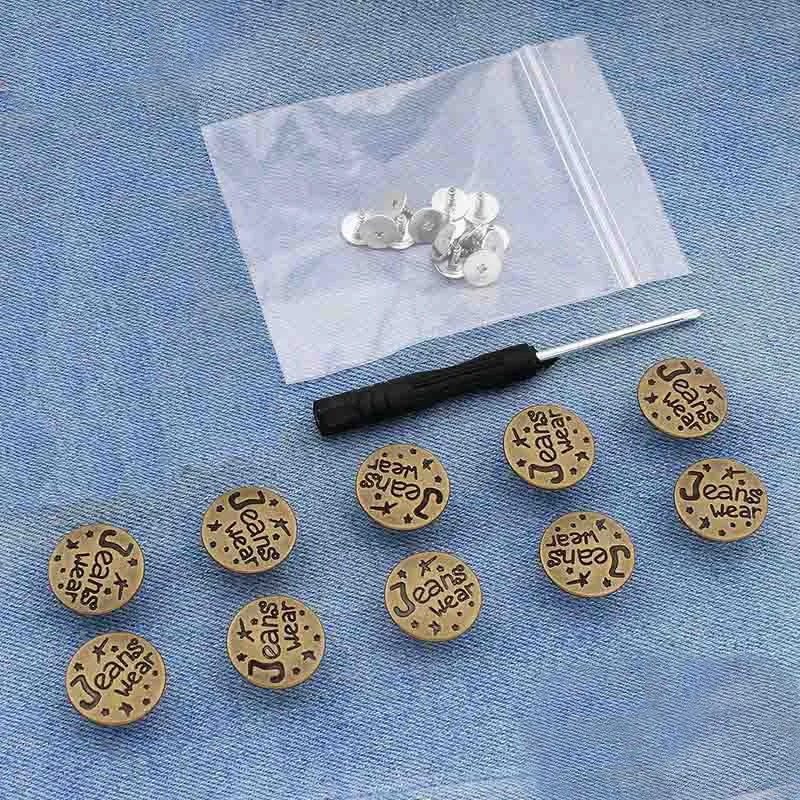10 botones y cierres metálicos + destornillador ajustable, extraíble y reutilizable.