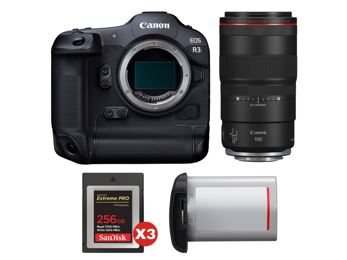 EOS R3 + RF 100mm F/2.8 L Macro IS USM + 3 tarjetas Sandisk Extreme Pro de 256 GB Cfexpress Tipo B + Canon LP E19 + Libro electrónico Pricedirect CANON