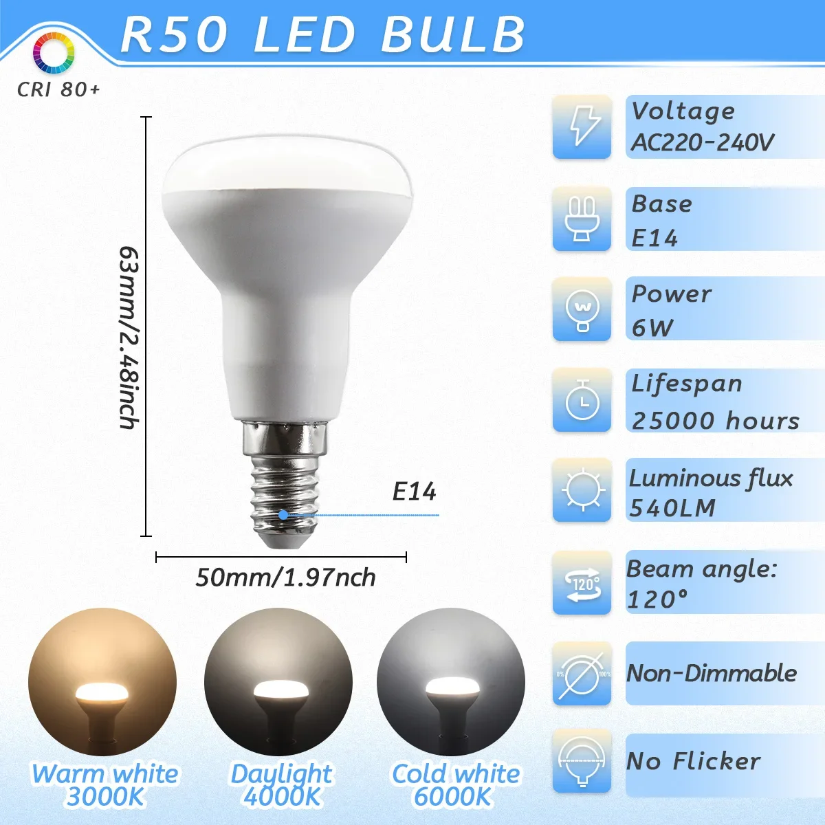 (r50 6w, Luz Blanca Fría 6000k) 10pcs E14 Led Candle Bombilla, Ac220v, Para La Lámpara Colgante, Ahorro De Energía Y Protección Del Medio Ambiente