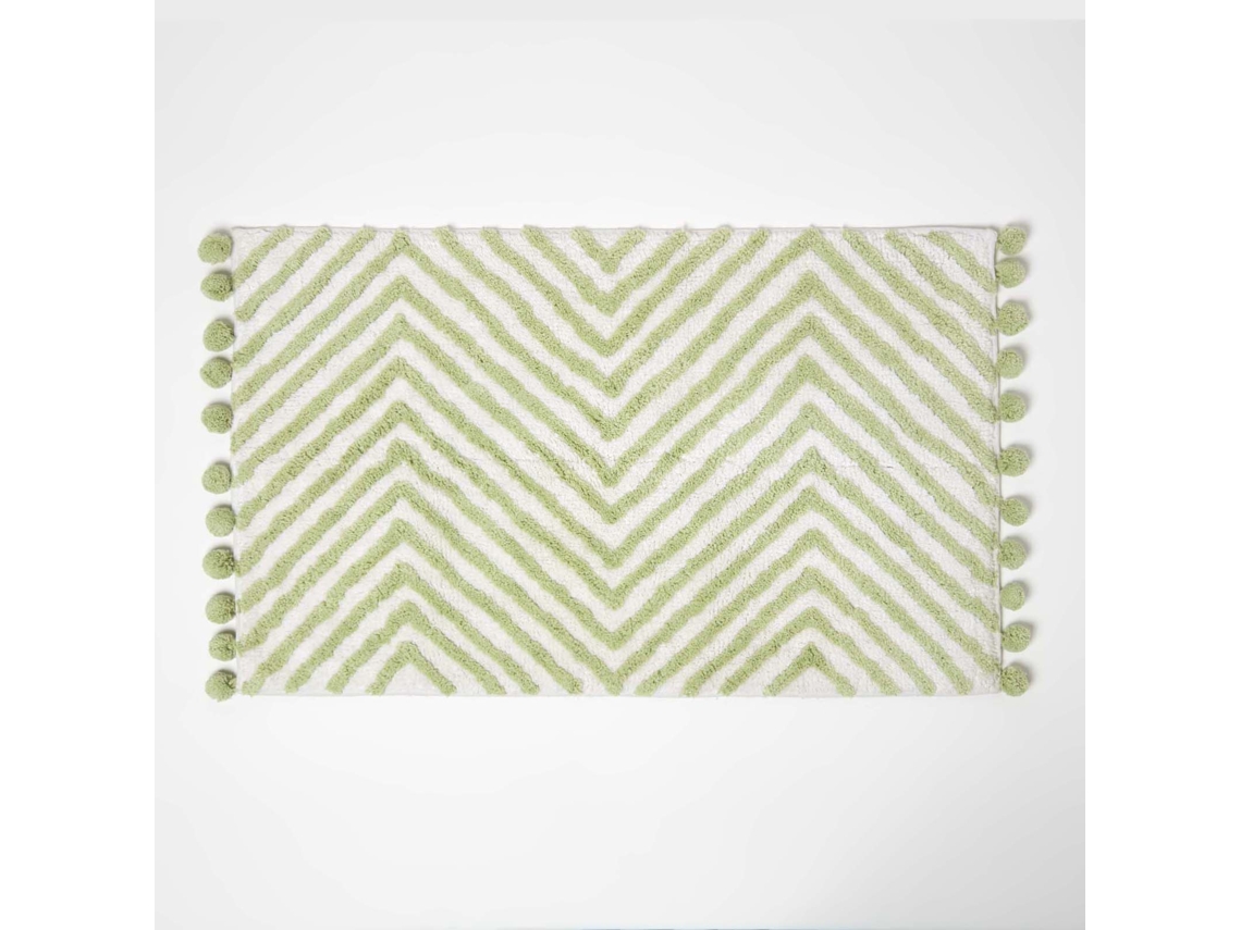 Homescapes Sage Green Cotton Bath Mat Tufted Zig Zag With Pom Pom Edges 50 X 80 Cm