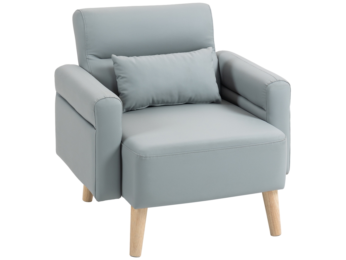 Poltrona estofada em couro sintético com encosto costurado e pés de madeira (77x78x78 cm) Cinza/Preto S/MARCA
