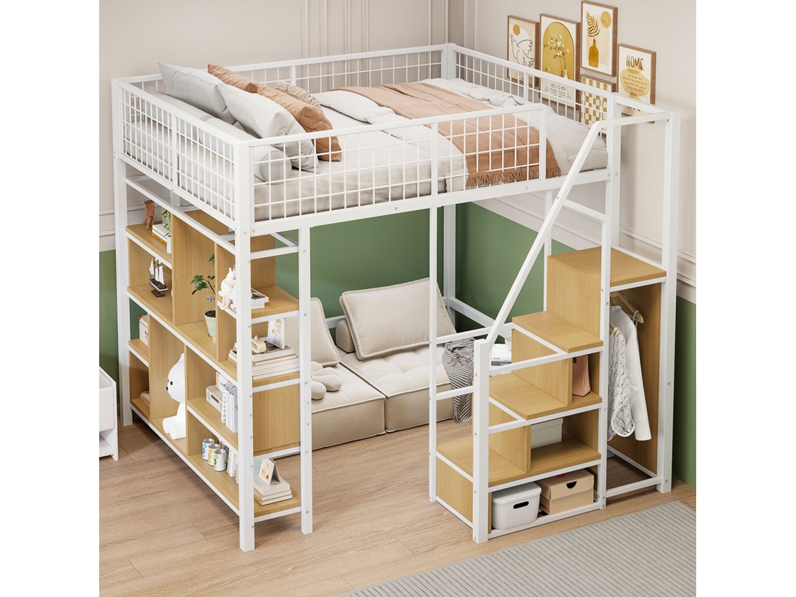 Cama alta multifuncional de 140 x 200 cm con almacenaje, estantes y escalera, color blanco, Mobrio