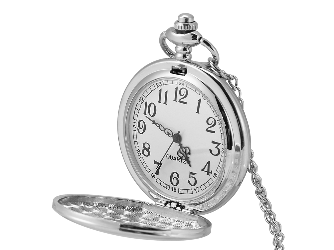 Reloj De Bolsillo Analógico Clásico De Cuarzo Con Cadena Plateada Y Superficie Lisa.