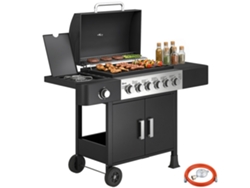 Parrilla de gas de 17,8 kW, 6+1 quemadores, acero inoxidable, ruedas, quemador lateral, termómetro.