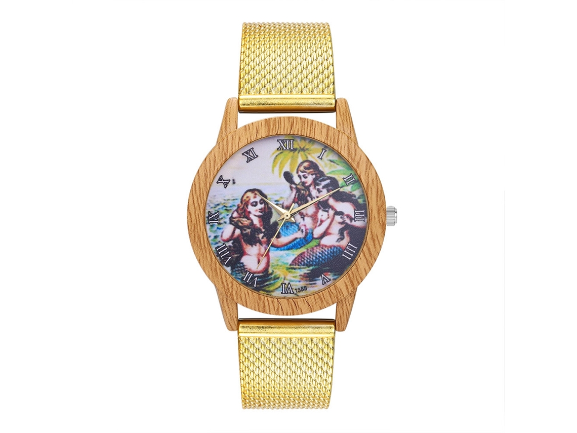 Reloj Analógico De Cuarzo Para Mujer Con Brazalete De Malla De Acero Y Esfera Dorada.